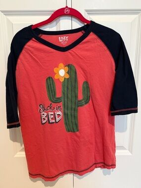 Lazy One coral & navy blue Cactus Raglan Tee with Flower Graphic